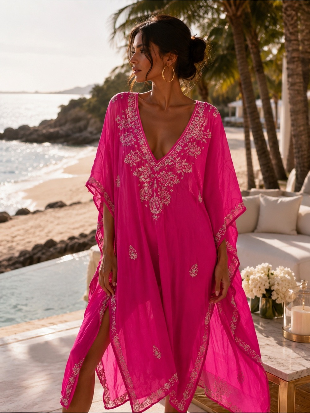 Juliet Dunn London Fuchsia Pink Silk Tunic / Caftan / Cover Up. One size.